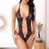 UIVHLW Chemises & Negligees Deep V Backless Halter Lace Embroidery Transparent Mesh Dresses Black view 2