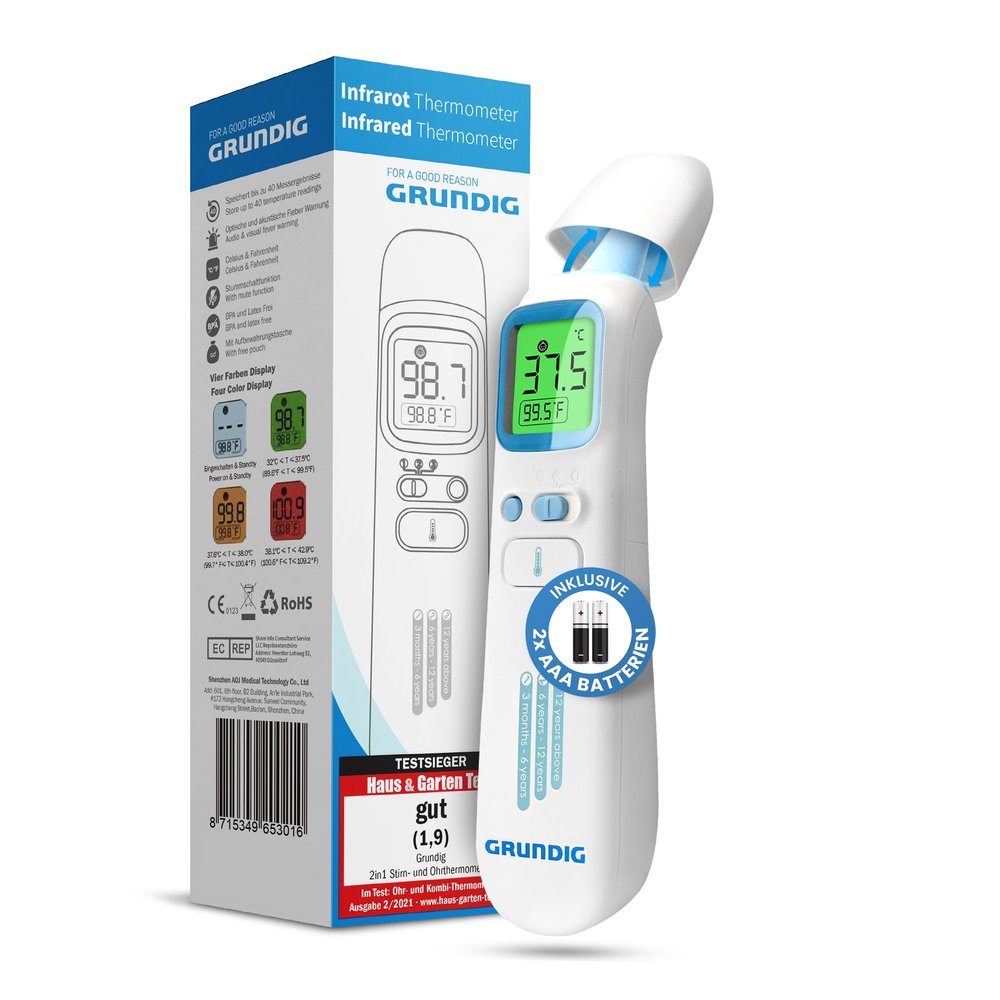 Grundig Fever Temperature Thermometer Contactless Infrared Test Winner - High Precision Ear Forehead Objects and Baby Quickly Measure Thermometer Fever Digital