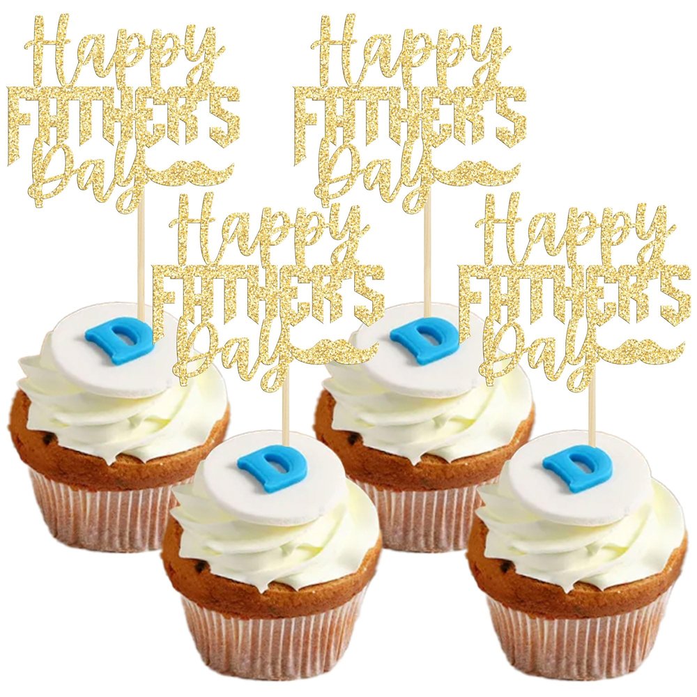 24Pcs Gold Glitter Father's Day Cupcake Toppers Happy Father's Day Best Dad Cake Toppers Birthday Party Super Dad Cake Decorations Toppers Picks for Father's Birthday Party Supply