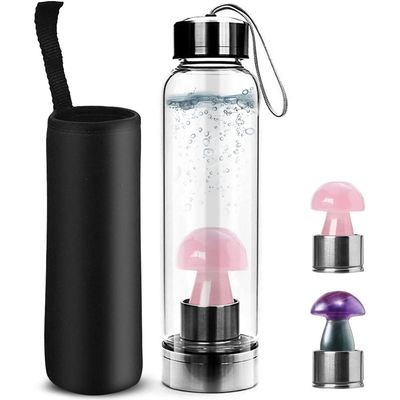 Tyuodna Crystal Water Bottle with Mushroom, Natural Crystal Gemstone Glass Bottle,Removable Crystal Water Bottle Portable Leak Proof Crystal Mushroom Water Bottle 550ml (Pink)