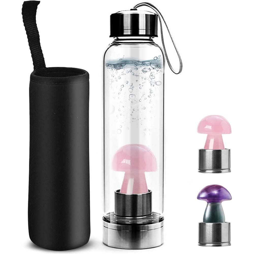 Tyuodna Crystal Water Bottle with Mushroom, Natural Crystal Gemstone Glass Bottle,Removable Crystal Water Bottle Portable Leak Proof Crystal Mushroom Water Bottle 550ml (Pink)