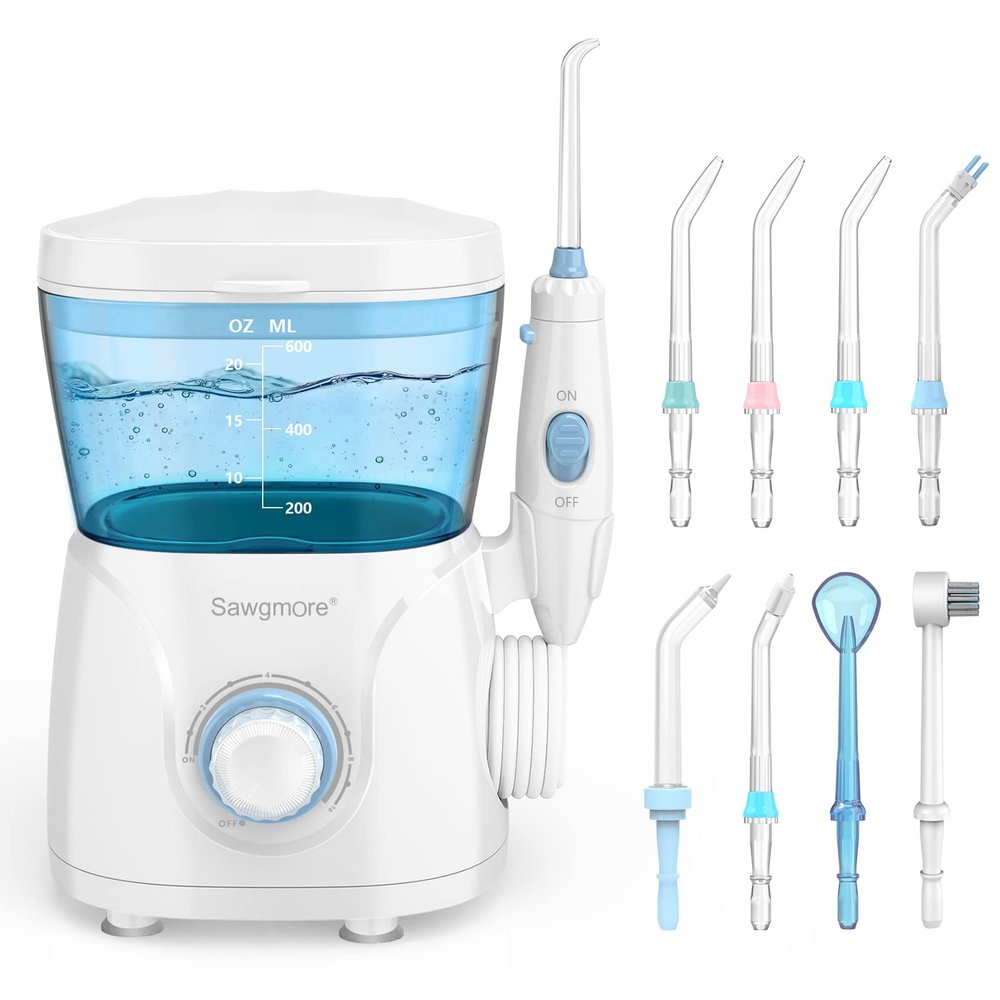 Sawgmore Water Flosser, Professional Dental Oral Irrigator with 6 Kinds of Unique Tips, Tooth Flosser with 10 Pressure Setting, 600ML Water Tank Suitable for Whole Family
