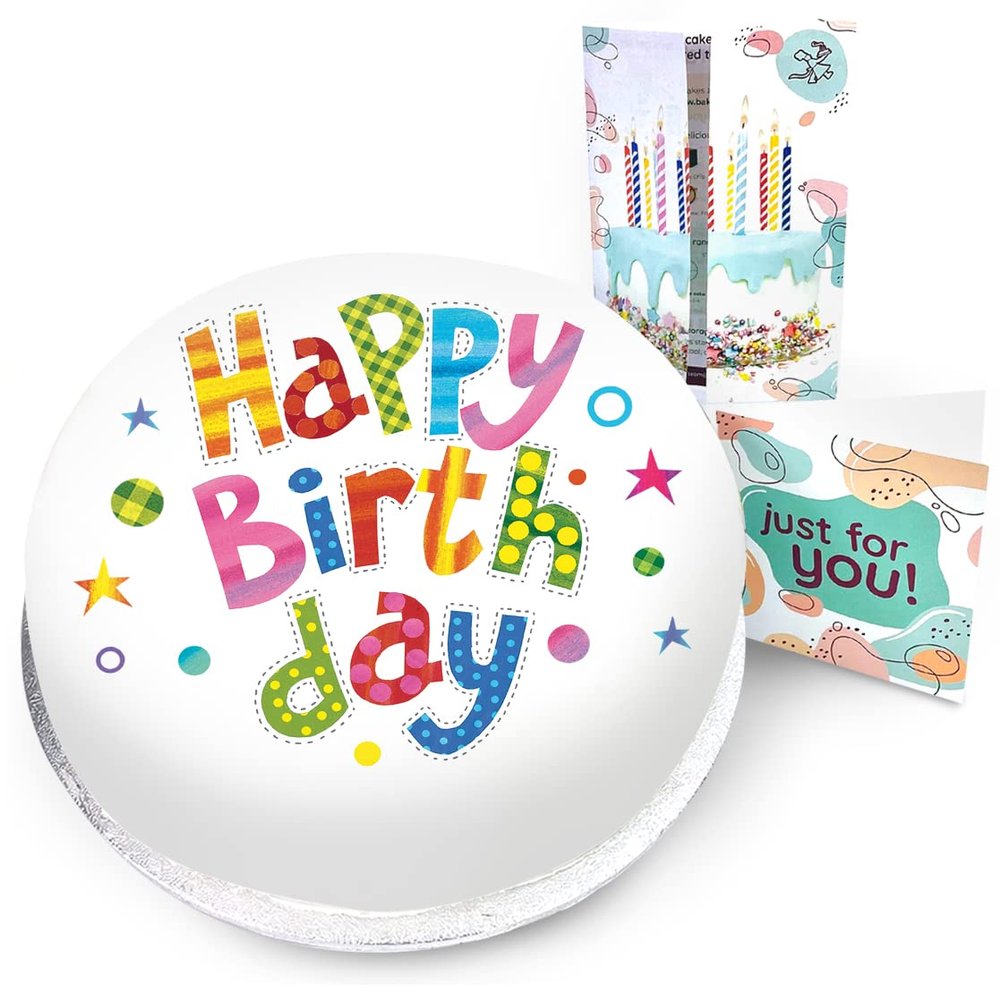 Victoria Sponge happy birthday themed cake - A delicious traditional vanilla sponge cake with buttercream and a rich apple and raspberry jam, serves 10-12 portions. Baked by bakerdays.