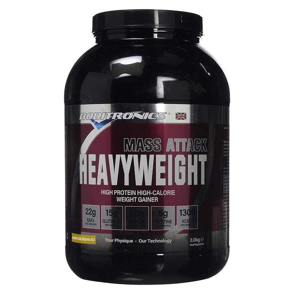 Boditronics Mass Attack Heavyweight Mass Gainer Powder for High Protein and High-Calorie Weight Gainer Protein Powder with 5g Creatine, BCAA, Glutamine and Beta Alanine (Gingerbread)