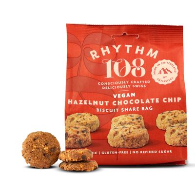 RHYTHM 108 Swiss Vegan Hazelnut Chocolate Chip Share Bag 8 x 135g