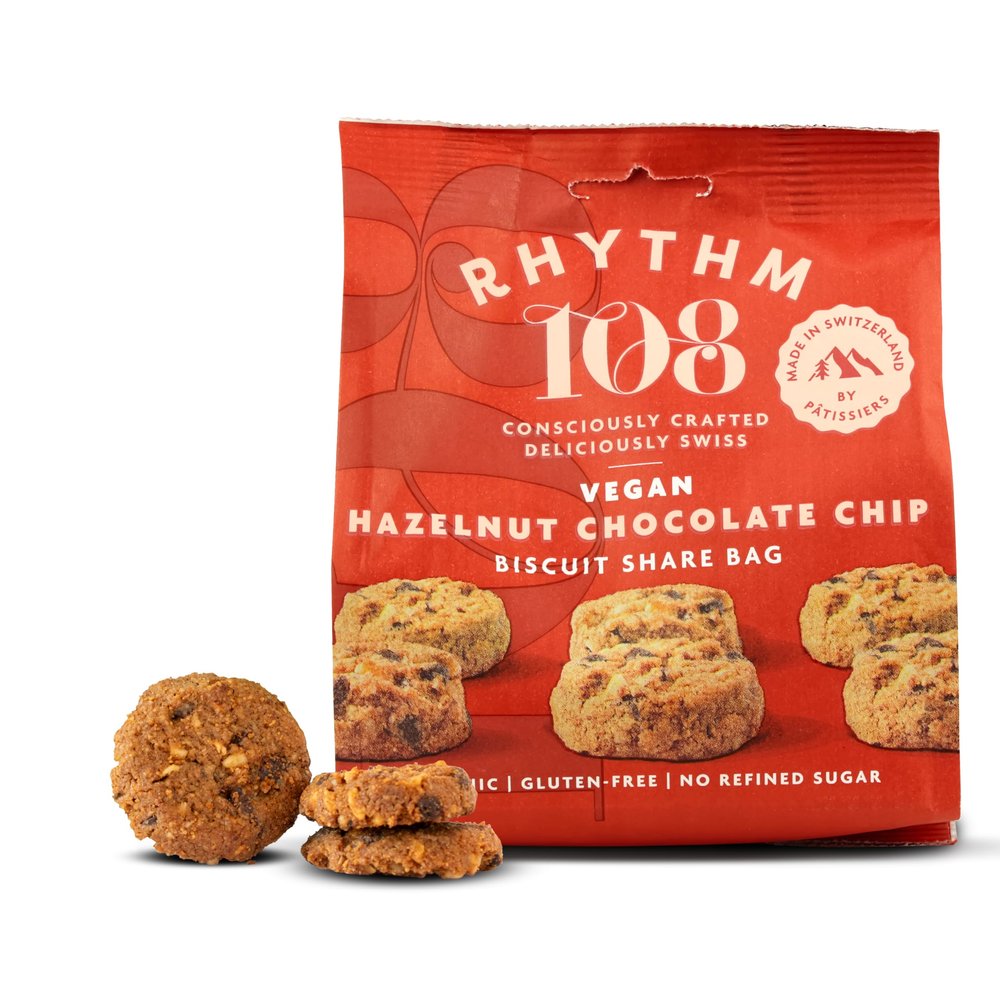 RHYTHM 108 Swiss Vegan Hazelnut Chocolate Chip Share Bag 8 x 135g
