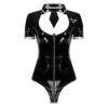 Womens Lingerie Cosplay Costume Glossy Patent Leather Short Sleeve Bodysuit Turn-Down Collar Zipper Catsuit with Necktie,Black,XXL view 1