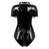 Womens Lingerie Cosplay Costume Glossy Patent Leather Short Sleeve Bodysuit Turn-Down Collar Zipper Catsuit with Necktie,Black,XXL view 3