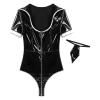 Womens Lingerie Cosplay Costume Glossy Patent Leather Short Sleeve Bodysuit Turn-Down Collar Zipper Catsuit with Necktie,Black,XXL view 4