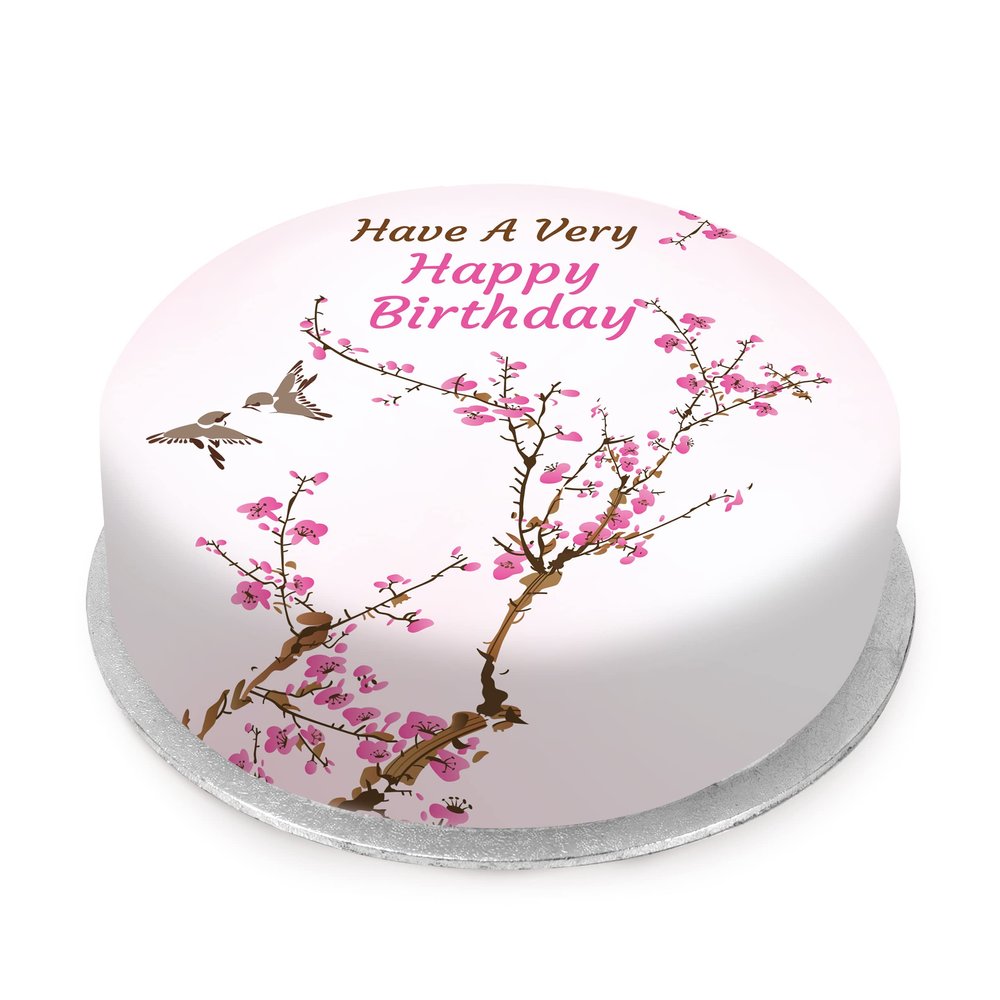 Victoria Sponge pink blossom tree themed birthday cake - A delicious traditional vanilla sponge cake with buttercream and a rich apple and raspberry jam, serves 10-12 portions. Baked by bakerdays.