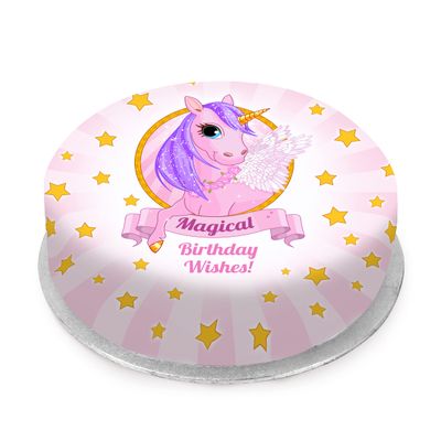 Victoria Sponge pink unicorn themed birthday cake - A delicious traditional vanilla sponge cake with buttercream and a rich apple and raspberry jam, serves 10-12 portions. Baked by bakerdays.