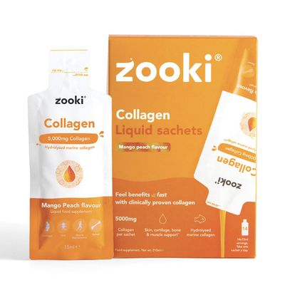 Zooki Marine Collagen Liquid Sachets 5,000mg  Great Taste, Sugar Free  High Strength Marine Collagen Supplements for Women & Men  Skin, Joints & Hair (Mango Peach Flavour, 14 Servings)