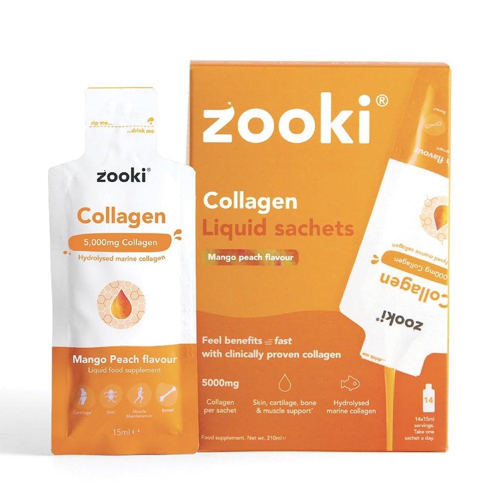 Zooki Marine Collagen Liquid Sachets 5,000mg Great Taste, Sugar Free High Strength Marine Collagen Supplements for Women & Men Skin, Joints & Hair (Mango Peach Flavour, 14 Servings)
