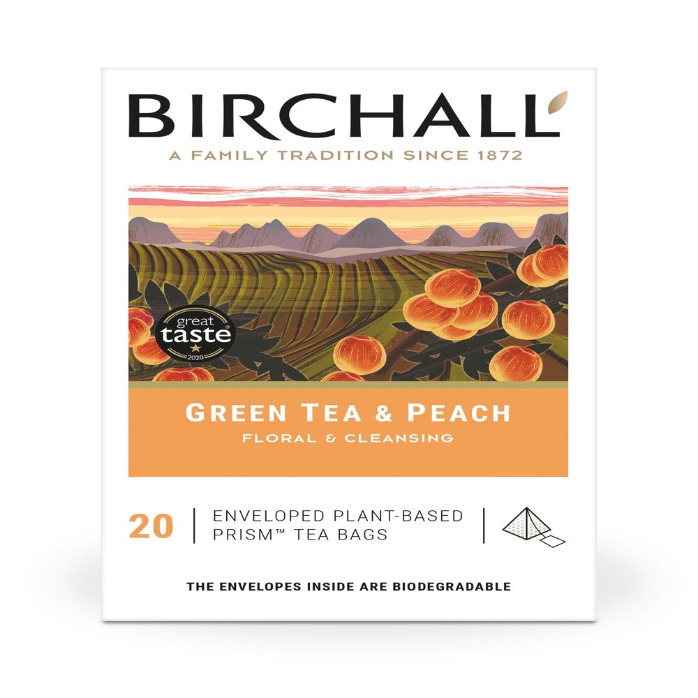 Birchall Green Tea & Peach - 20 Enveloped Plant-Based Prism Tea Bags