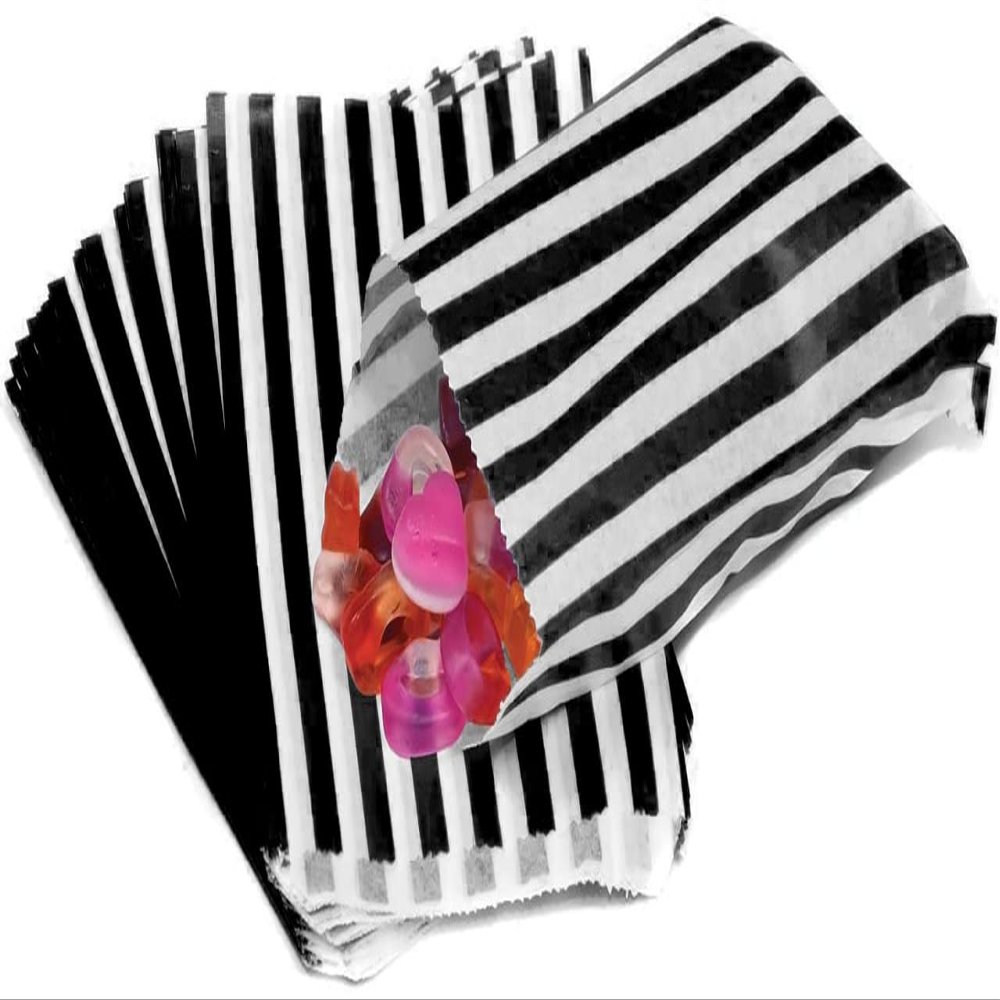 100 Candy Stripe Bags, Recyclable Black Striped Sweet Bags Sweets Candies Cookies Wedding Buffet, Paper Sweet Bags For Cake Party Gift Shop, 5" x 7"