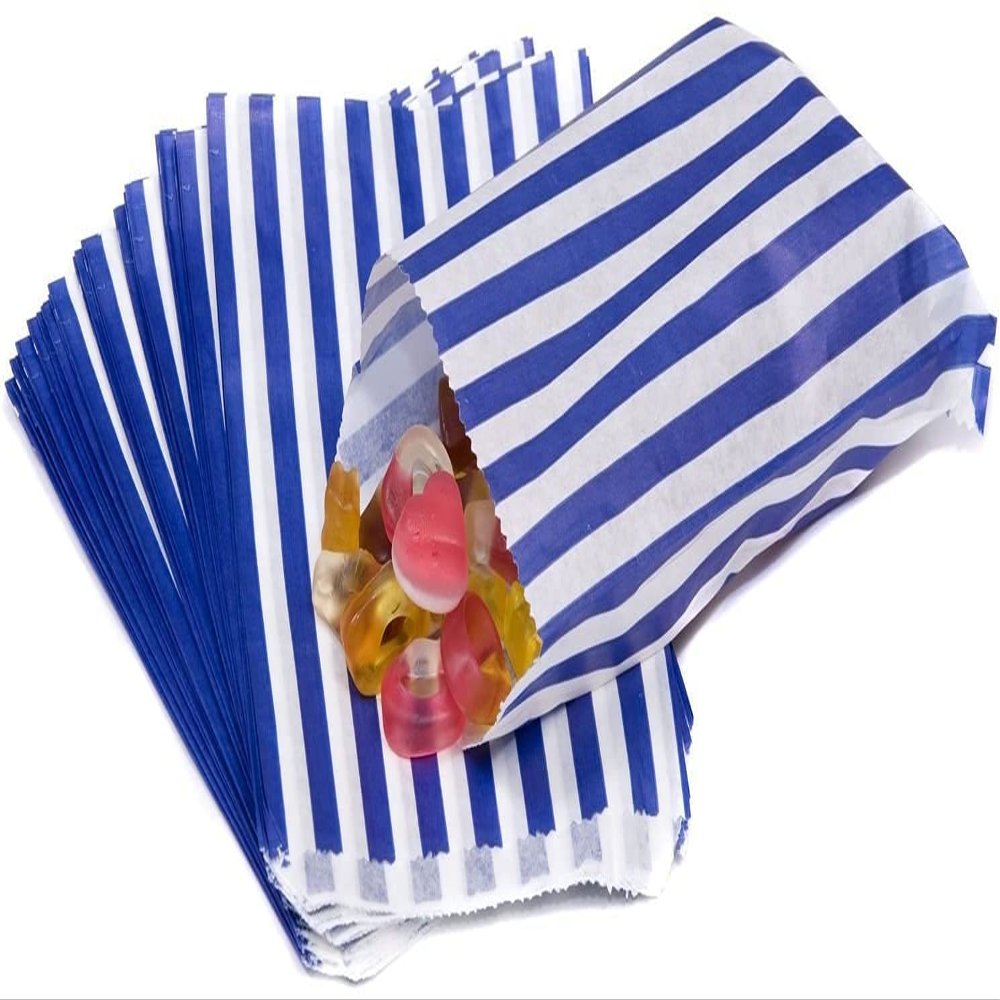 100 Candy Stripe Bags, Recyclable Dark Blue Striped Sweet Bags Sweets Candies Cookies Wedding Buffet, Paper Sweet Bags For Cake Party Gift Shop, 5" x 7"