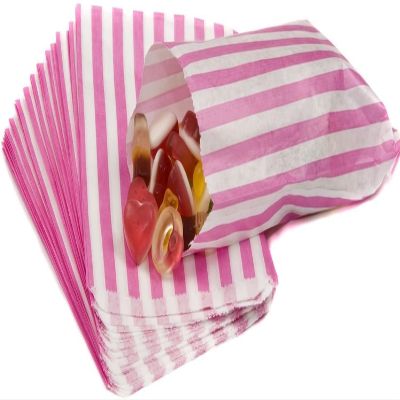 100 Candy Stripe Bags, Recyclable Pink Striped Sweet Bags Sweets Candies Cookies Wedding Buffet, Paper Sweet Bags For Cake Party Gift Shop, 5" x 7"
