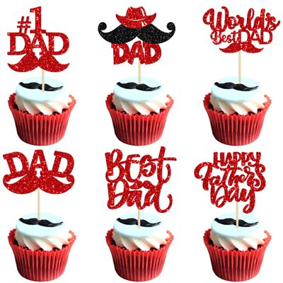 24 Pack Happy Father's Day Cupcake Toppers with Moustache Red Glitter World's Best Dad Cake Toppers No 1 Dad Cupcake Picks for Happy Father's Day Theme Party Cake Decorations Supplies