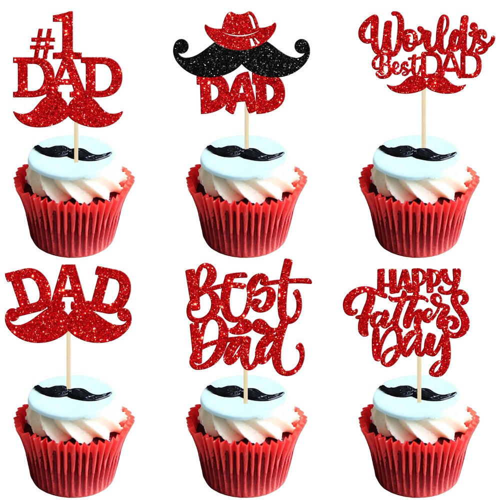 24 Pack Happy Father's Day Cupcake Toppers with Moustache Red Glitter World's Best Dad Cake Toppers No 1 Dad Cupcake Picks for Happy Father's Day Theme Party Cake Decorations Supplies