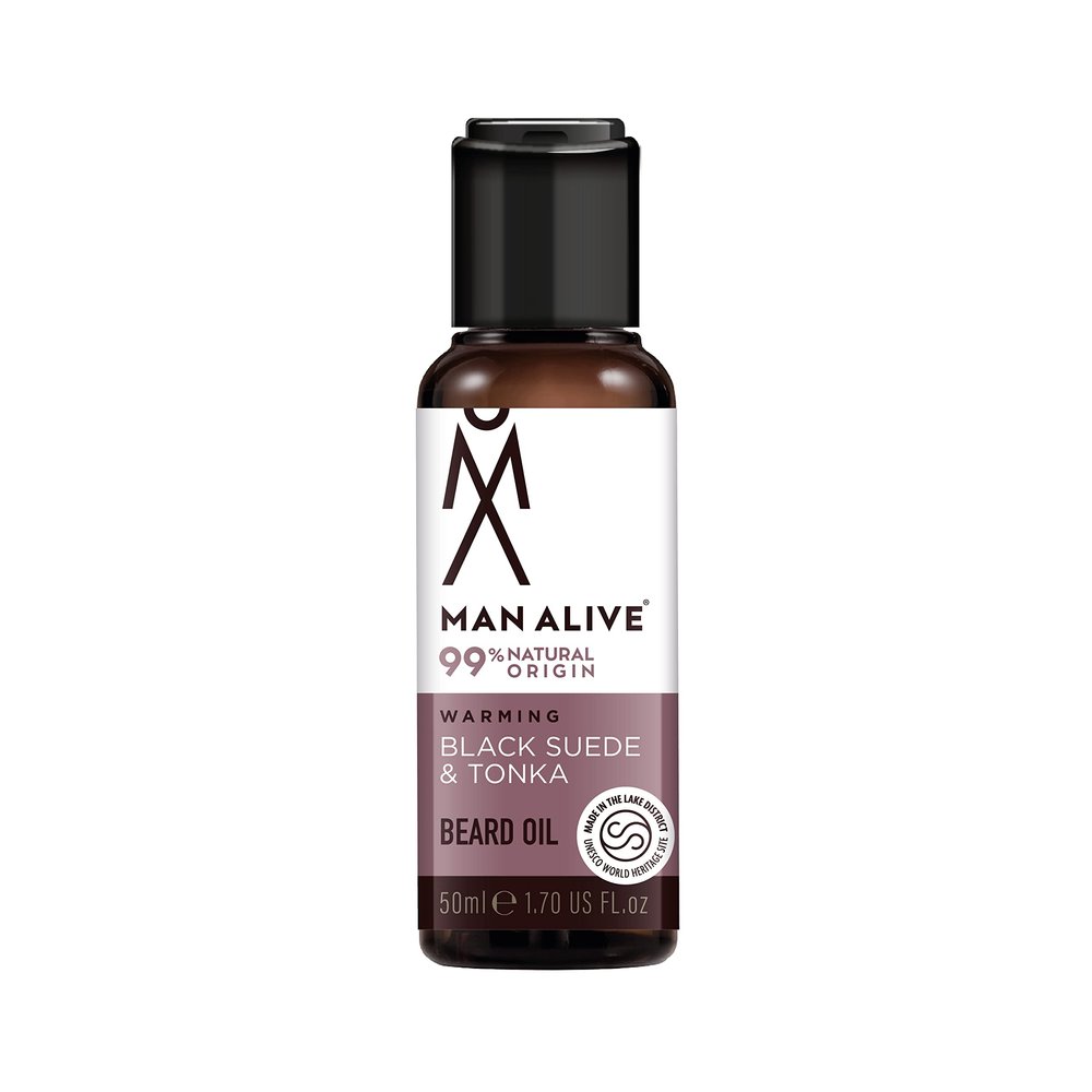 Beard Oil for men by Man Alive 99% Natural skincare 50ml with Oatmeal, Argan Oil, Jojoba Oil & Almond Oil, gifts for men softens facial hair mens gifts birthday gifts for him (Black Suede & Tonka)