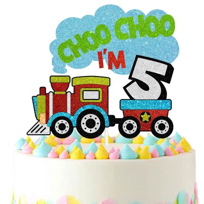 5th Birthday Cake Topper, Choo Choo I'm 5 train Theme Kids Birthday Glitter Party Decoration Supplies