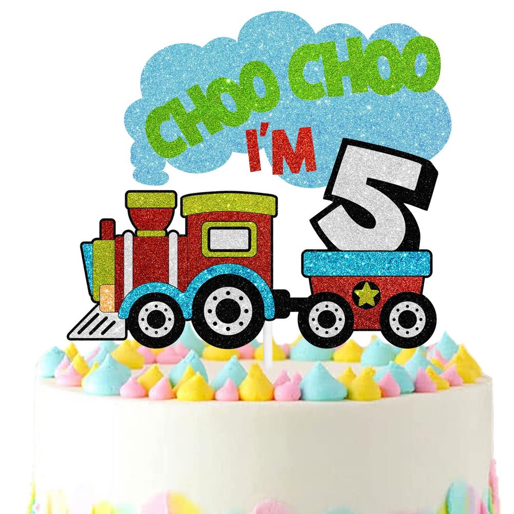 5th Birthday Cake Topper, Choo Choo I'm 5 train Theme Kids Birthday Glitter Party Decoration Supplies
