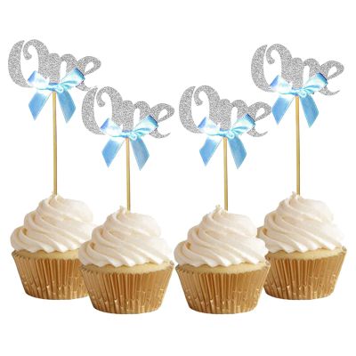 Bymivofun 24 Pieces Glitter One Cupcake Toppers Cupcake Decorations 1st Birthday Anniversary Birthday Kids Party Decorations (Silver)