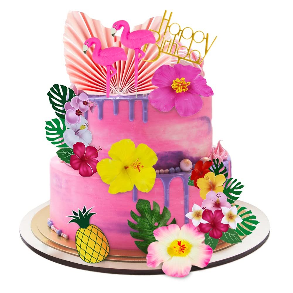 12 PCS Flamingo Cake Toppers Flamingo Palm Leaves Hibiscus Flowers Hawaiian Cake Decorations for Tropical Luau Themed Birthday Wedding Party Supplies