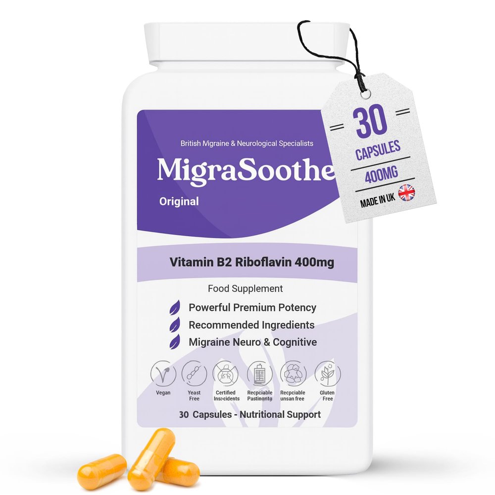 Premium Vitamin B2 Riboflavin 400mg per Capsule -Migrasoothe-B Pharma Manufacturing Standards UK Made Migraine Support, Stress, Tremors & Energy Vegan. Nice Recommended Vitamin B2 400 (30)