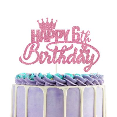 Happy 6th Birthday Cake Topper,Rose Pink Glitter Cake Decorations with Crown ,Six Years Old Birthday Party Supplies,Happy Birthday Cake Pick for Little Princess