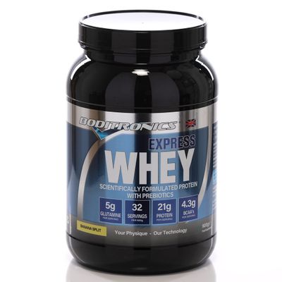 Boditronics Express Whey Protein Powder Muscle Building Powder with Dietary Fibre, BCAA and High Levels of L-Glutamine Prebiotic Mass Gainer Whey Protein Isolate Protein Shakes (Banana Split, 900g)