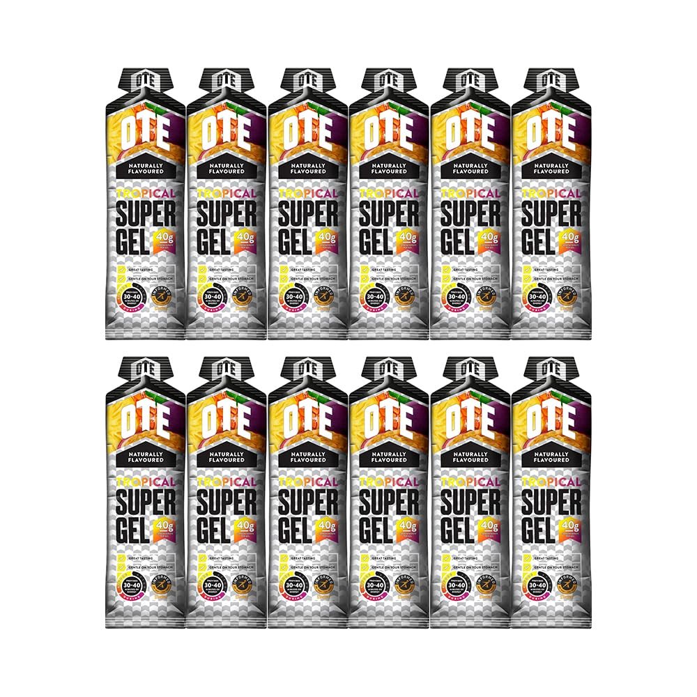 OTE Super Gel - Energy Gels for Running & Cycling - Superior Dual Source Running Gels with 40g of Carbohydrates - Glucose Gels for Swimming, Triathlons & Endurance Sports - Box of 12 (Tropical)