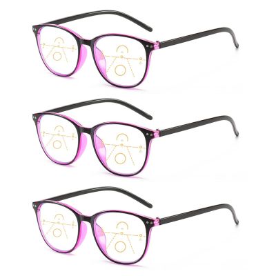 3Pc Progressive Multifocus Reading Glasses Blue Light Blocking Computer Glasses Fashion Readers Eyewear with Spring Hinge,Purple,+3.0