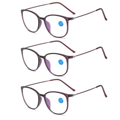 3PCS Fashion Round Eyewear Computer Reading Glasses Women Anti Fatigue Men's Blue Light Blocking Glasses for Sight Optical,Purple,+3.5