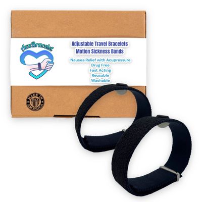 Motion Sickness Wristband Adjustable Anti-Nausea Bracelet for Sea, Car, Airsickness Natural Healing Discreet Bands-Set of 2 (Black, Medium 8")