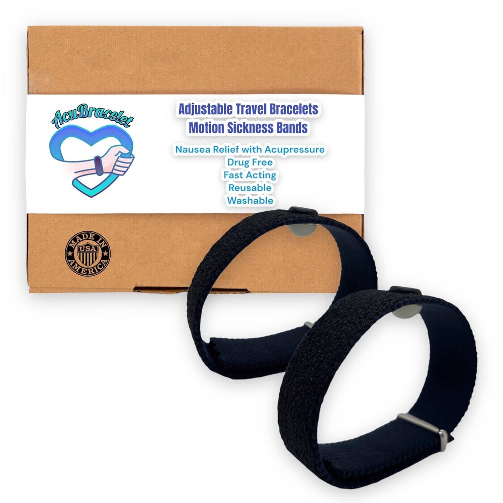 Motion Sickness Wristband Adjustable Anti-Nausea Bracelet for Sea, Car, Airsickness Natural Healing Discreet Bands-Set of 2 (Black, Medium 8")