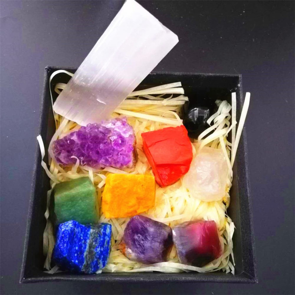 10Pcs/Set Natural Chakra Crystals Quartz 7 Colors Gem Amethyst Cluster Obsidian Ball Selenite Stick Raw Mineral,Gift Box Set