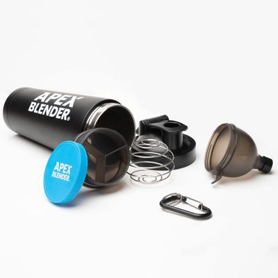 Apex Blender Protein Shaker Bottle 750ml Stainless Steel with Powder Funnel, Storage & Clump-Free Mixer Ball - Leak-Proof BPA-Free Perfect for Pre-Workout Post-Workout & Sports Supplements - Black