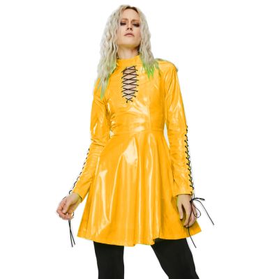 Women PVC Long Sleeve Dress Vinyl Hollow Out A-Line Dress High Waist Above Knee Mini Party Dress,Yellow,7XL
