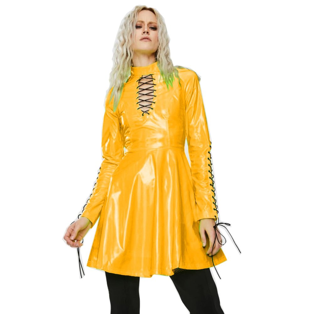 Women PVC Long Sleeve Dress Vinyl Hollow Out A-Line Dress High Waist Above Knee Mini Party Dress,Yellow,7XL