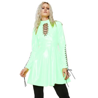 Women PVC Long Sleeve Dress Vinyl Hollow Out A-Line Dress High Waist Above Knee Mini Party Dress,Light Green,M