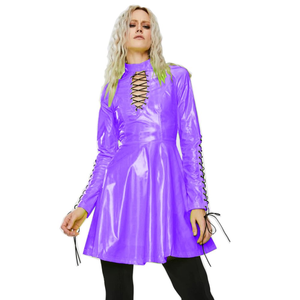 Women PVC Long Sleeve Dress Vinyl Hollow Out A-Line Dress High Waist Above Knee Mini Party Dress,Purple,XXL