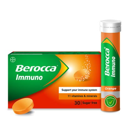 Berocca Immuno Effervescent Tablets, 11 Vitamins and Minerals, Including Vitamins D, C, A, B9, Zinc and Iron to Help Support Your Immune System and B6 and B12 Support Energy Release, Green, 30 Tablets