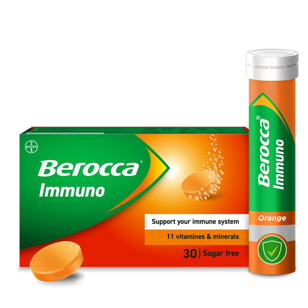 Berocca Immuno Effervescent Tablets, 11 Vitamins and Minerals, Including Vitamins D, C, A, B9, Zinc and Iron to Help Support Your Immune System and B6 and B12 Support Energy Release, Green, 30 Tablets