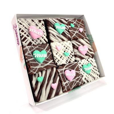 Limited Edition Chocolate Fudge Brownies - 9 Chocolate Fudge Brownies Topped with Edible Sugar Decorations and White Chocolate and Vanilla Icing. Serves 9 portions. Baked by bakerdays (Love You Mum)