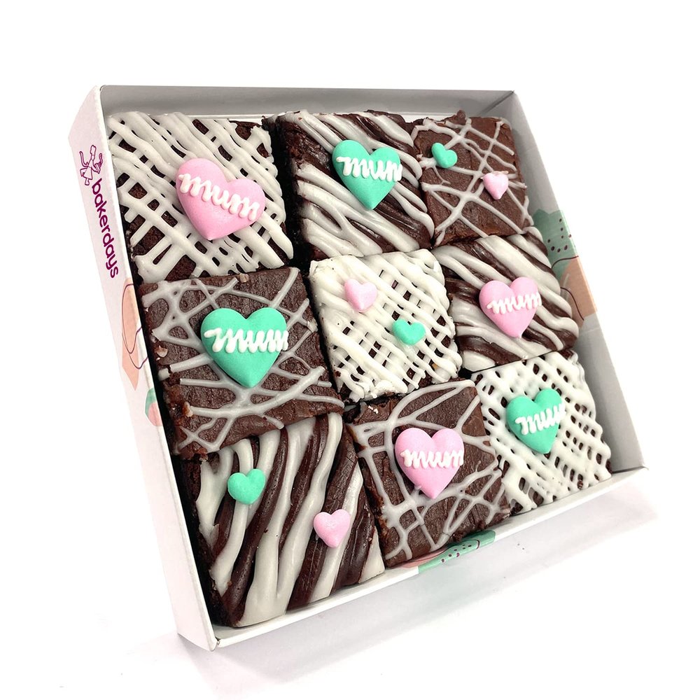 Limited Edition Chocolate Fudge Brownies - 9 Chocolate Fudge Brownies Topped with Edible Sugar Decorations and White Chocolate and Vanilla Icing. Serves 9 portions. Baked by bakerdays (Love You Mum)