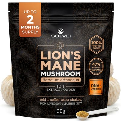 SOLVELabs Lions Mane Powder 45% Beta-D-Glucans 10,000mg High Strength 10:1 Extract Fruiting Bodies Pure Lion's Mane Mushroom Powder Vegan Nootropic for Focus & Memory 30g
