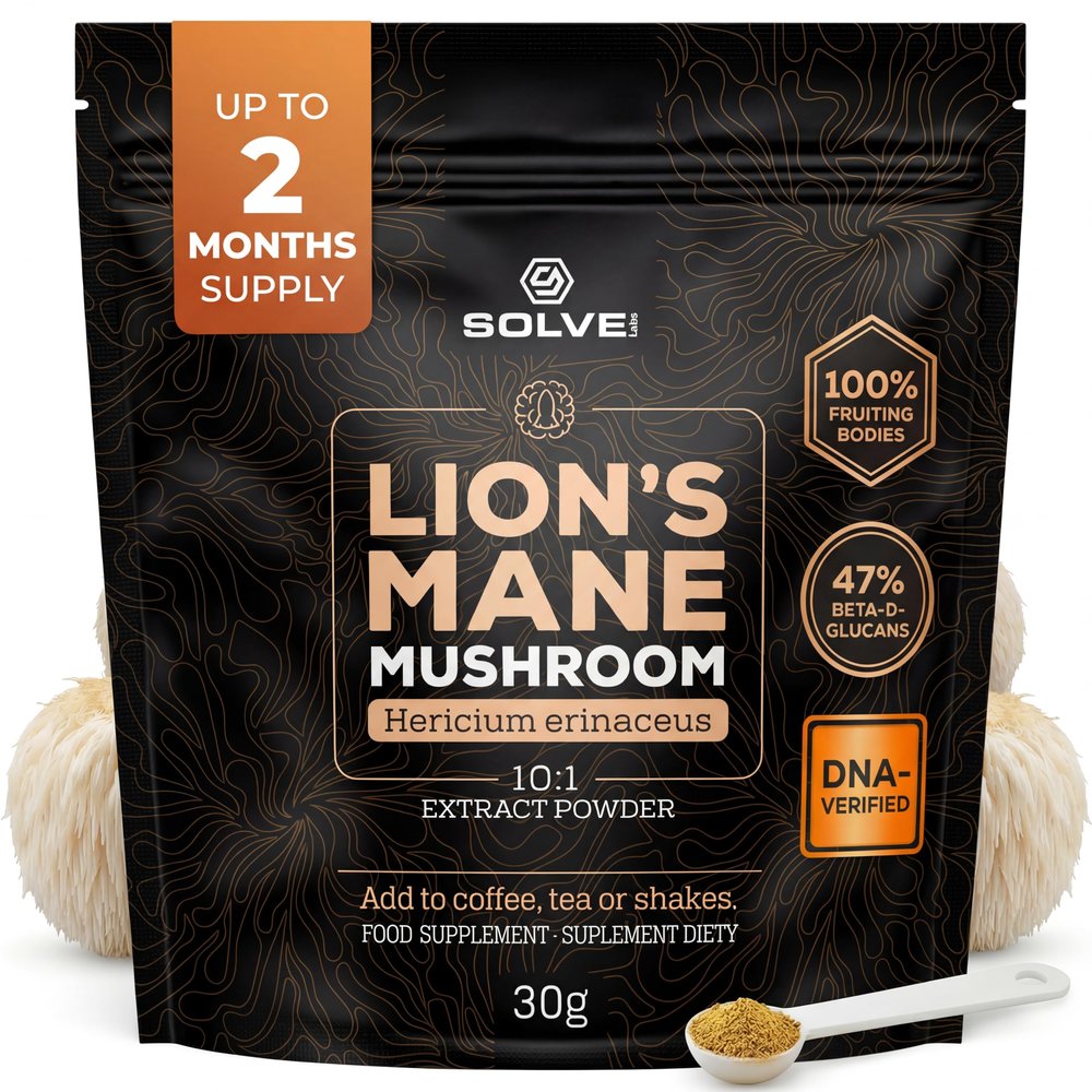 SOLVELabs  Lions Mane Powder  45% Beta-D-Glucans  10,000mg High Strength 10:1 Extract  Fruiting Bodies  Pure Lion's Mane Mushroom Powder  Vegan  Nootropic for Focus & Memory  30g