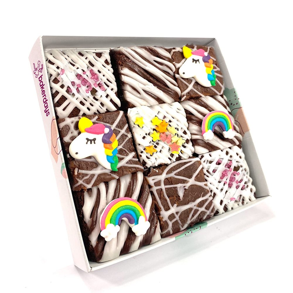 Limited Edition Chocolate Fudge Brownies - 9 Chocolate Fudge Brownies Topped with Edible Sugar Decorations and White Chocolate and Vanilla Icing. Serves 9 portions. Baked by bakerdays (Unicorn)