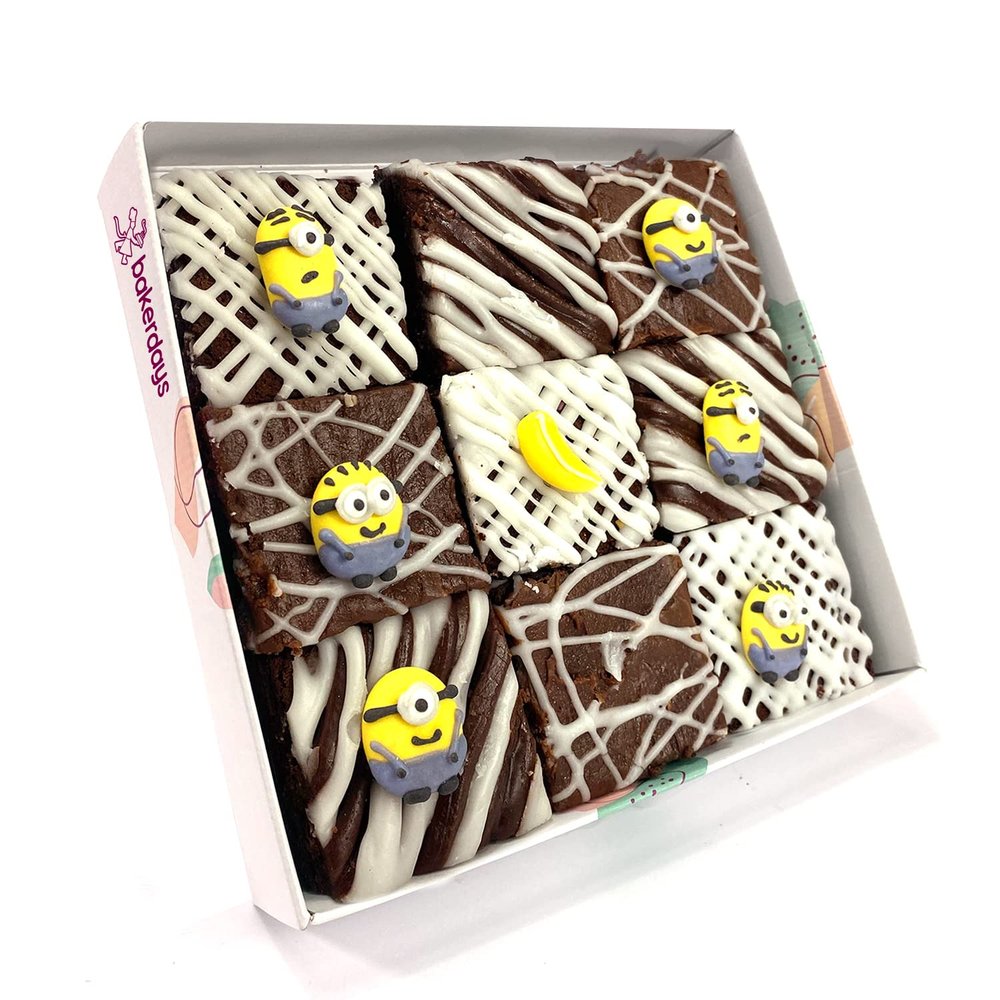 Limited Edition Chocolate Fudge Brownies - 9 Chocolate Fudge Brownies Topped with Edible Sugar Decorations and White Chocolate and Vanilla Icing. Serves 9 portions. Baked by bakerdays (Minion)